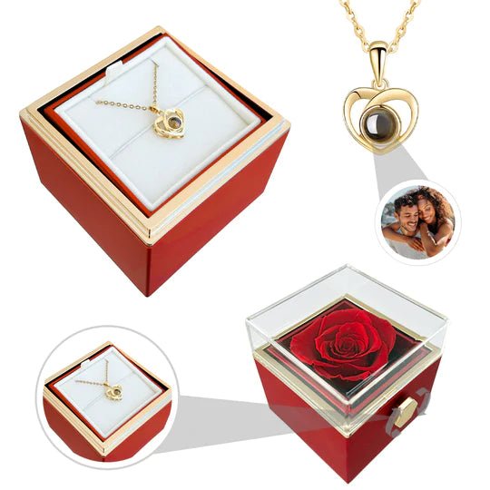 Rozenbeer met eeuwige roos, verborgen sieradendoos en hartketting Rozenbeer met eeuwige roos, verborgen sieradendoos en hartketting