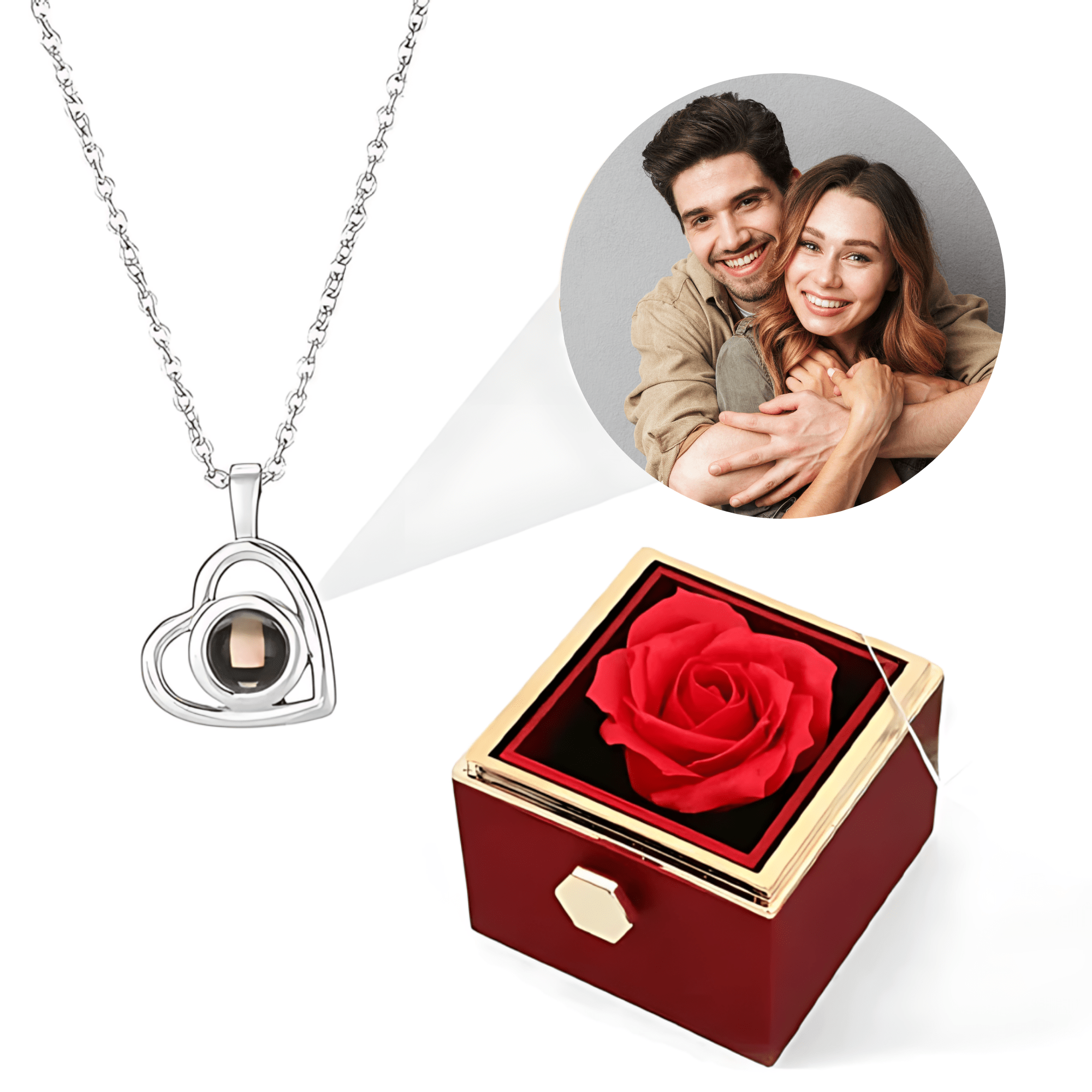 Eeuwige Rozenbox - Met Hart Fotoprojectie Ketting en Echte Roos