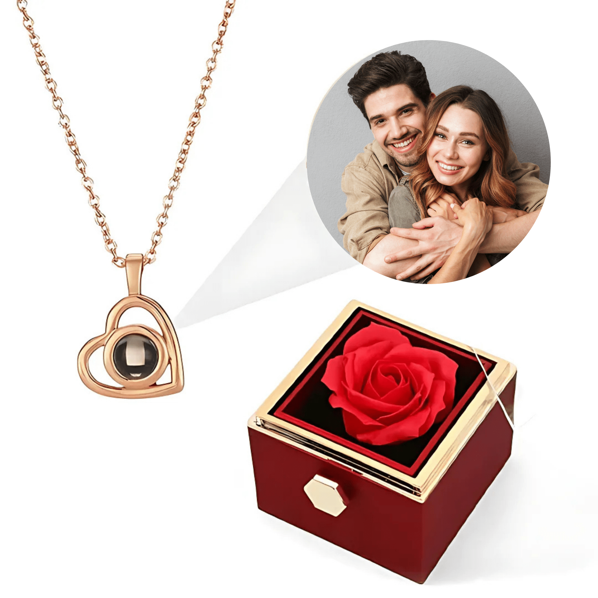 Eeuwige Rozenbox - Met Hart Fotoprojectie Ketting en Echte Roos - CustomLove.nl
