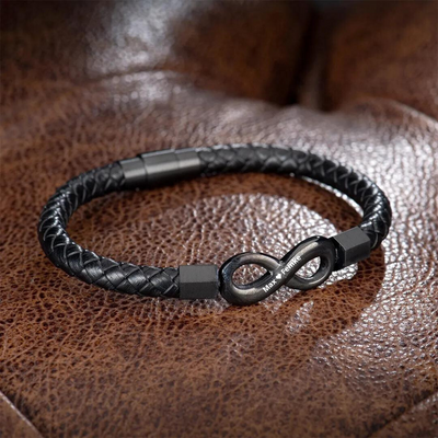 Aan Mijn Man - Gepersonaliseerde Leren Infinity Armband - Gratis Stijlvolle Ring