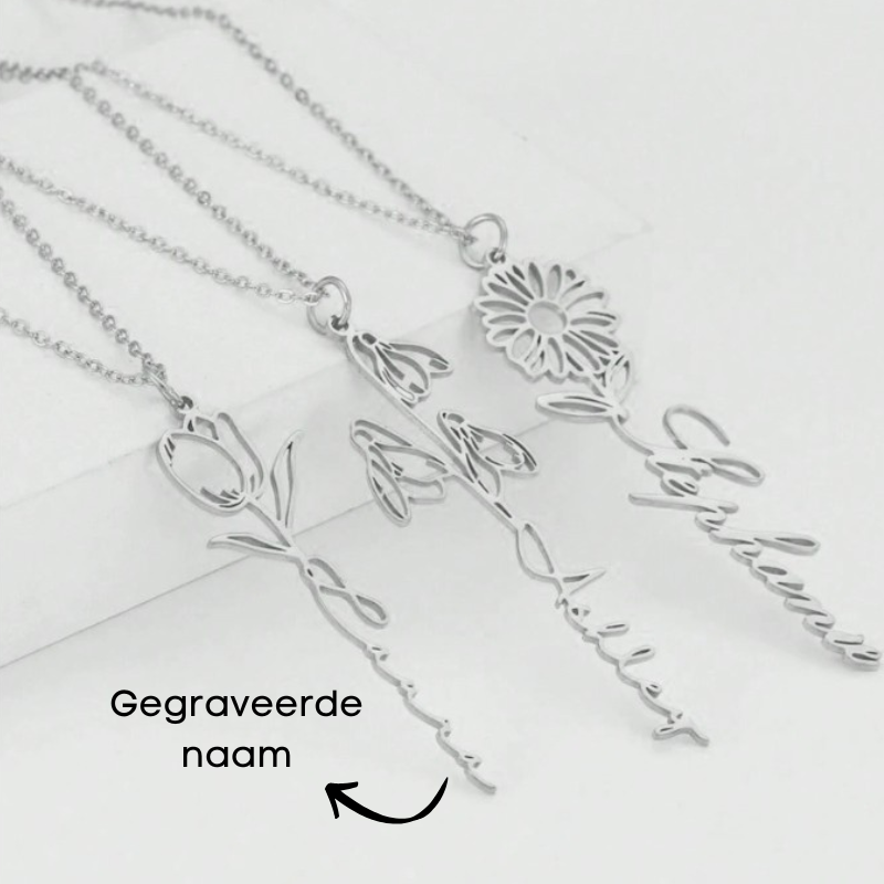 Gepersonaliseerde Gegraveerd Geboorte Maand Bloem Ketting Met Namen - Cadeaus Voor Haar