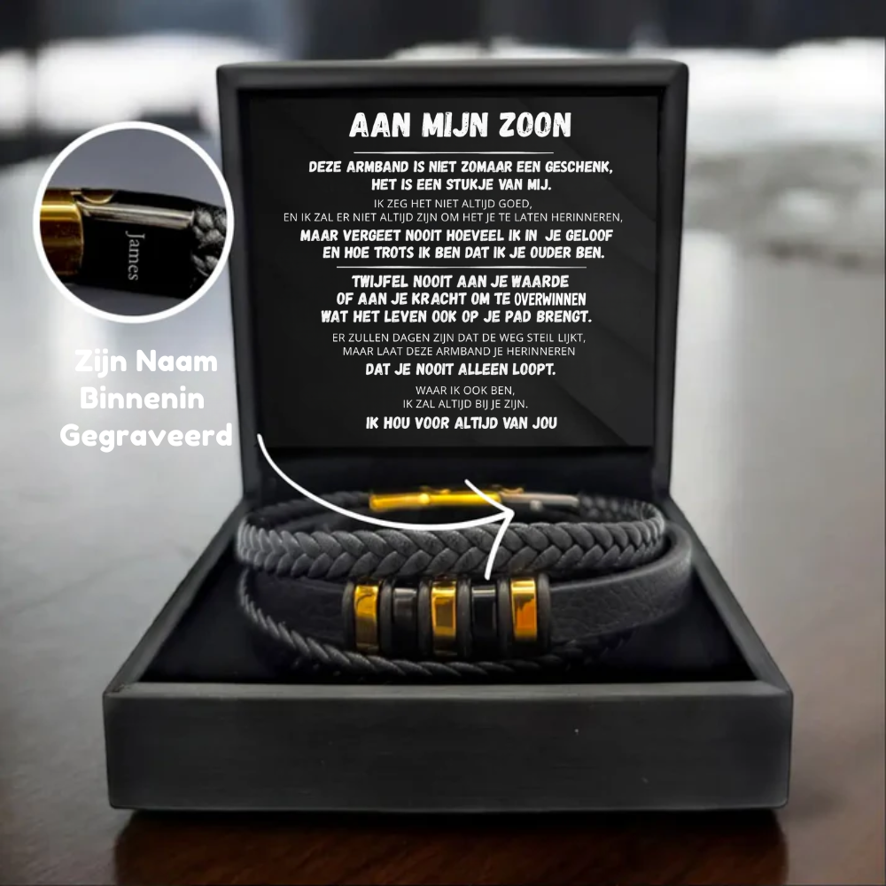 Aan Mijn Zoon – Je Loopt Nooit Alleen – Gepersonaliseerde Gevlochten Leren Armband