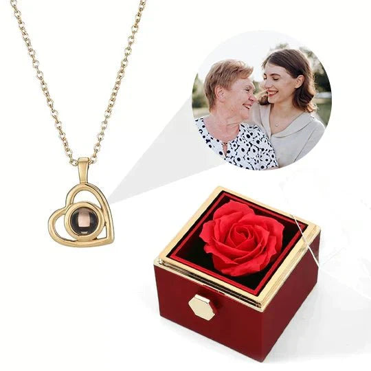 Eeuwige Rozenbox - Met Hart Fotoprojectie Ketting en Echte Roos - CustomLove.nl
