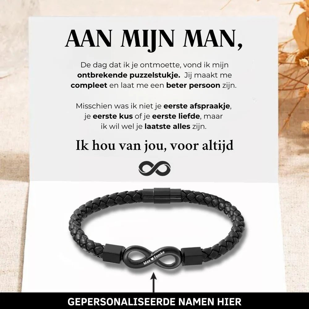 Aan Mijn Man - Gepersonaliseerde Leren Infinity Armband - CustomLove.nl