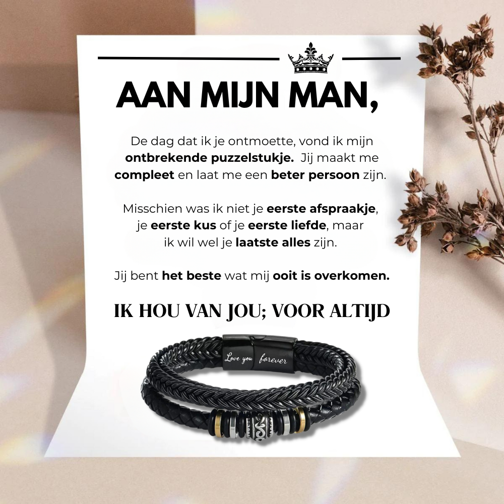 Aan Mijn Man - Ik Hou Van Jou; Voor Altijd - Leren Armband 23CM (XL)