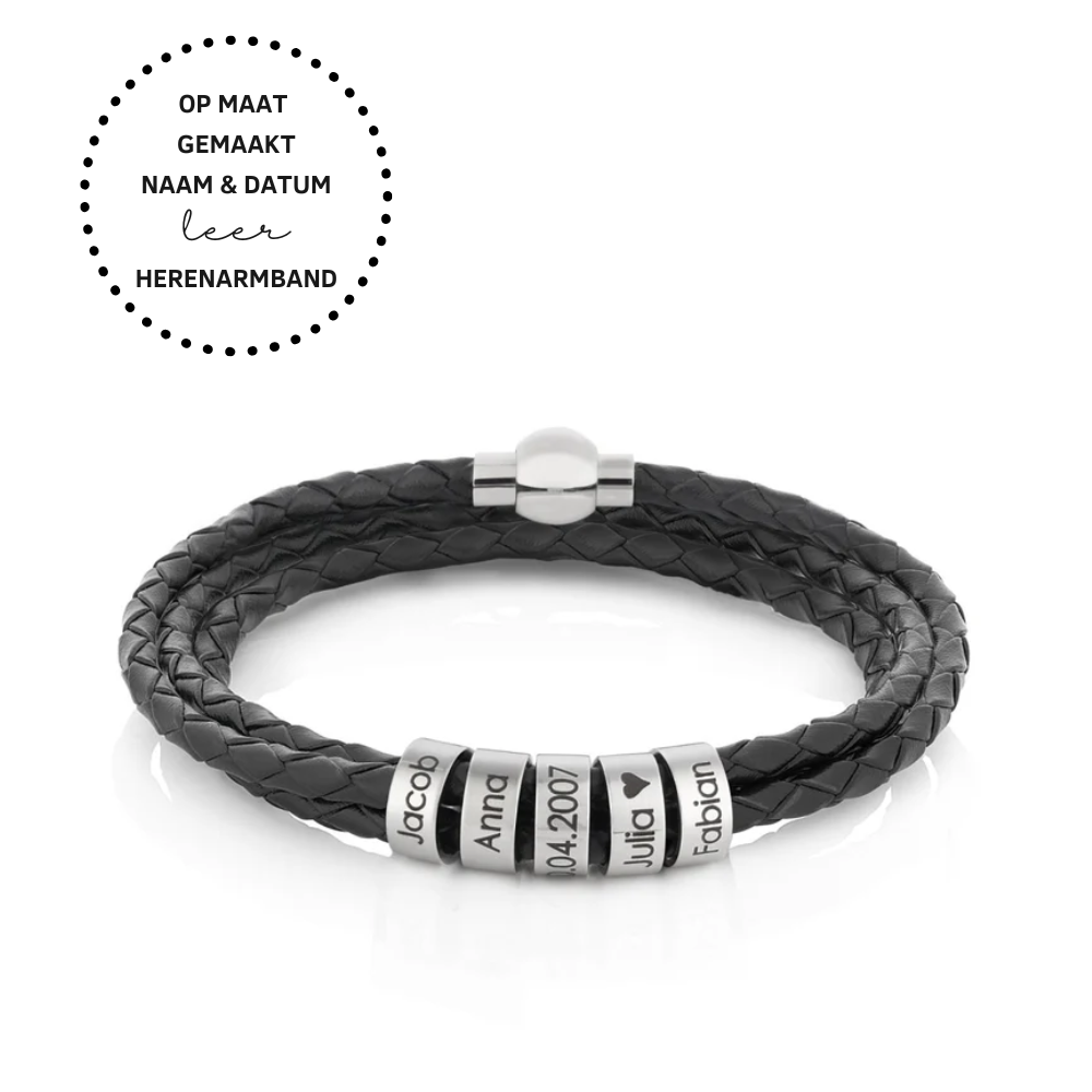 Aan Mijn Papa – Unieke Leren Armband met Persoonlijke Gegraveerde Ringen