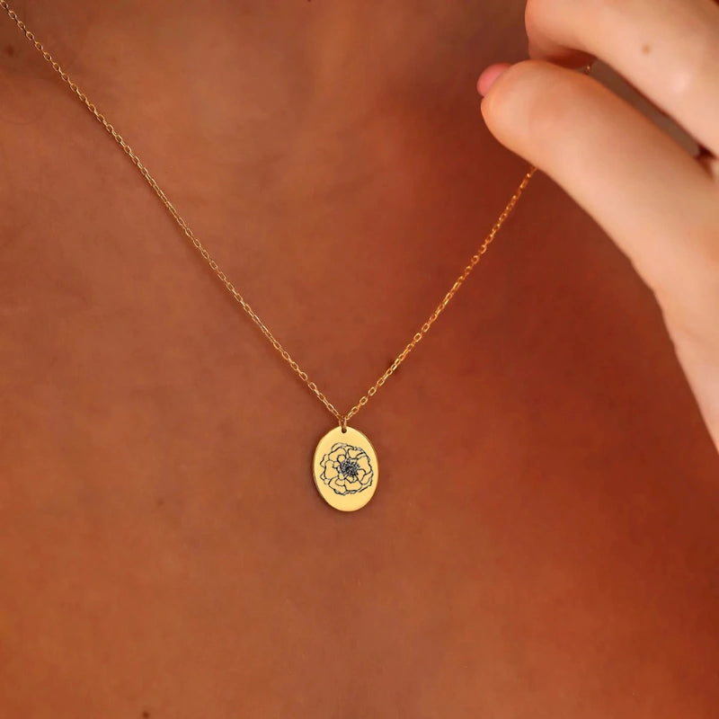 Gepersonaliseerde Ovale Schijf Geboortebloem Ketting - Cadeaus Voor Haar