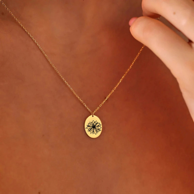 Gepersonaliseerde Ovale Schijf Geboortebloem Ketting - Cadeaus Voor Haar