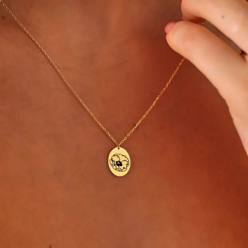 Gepersonaliseerde Ovale Schijf Geboortebloem Ketting - Cadeaus Voor Haar