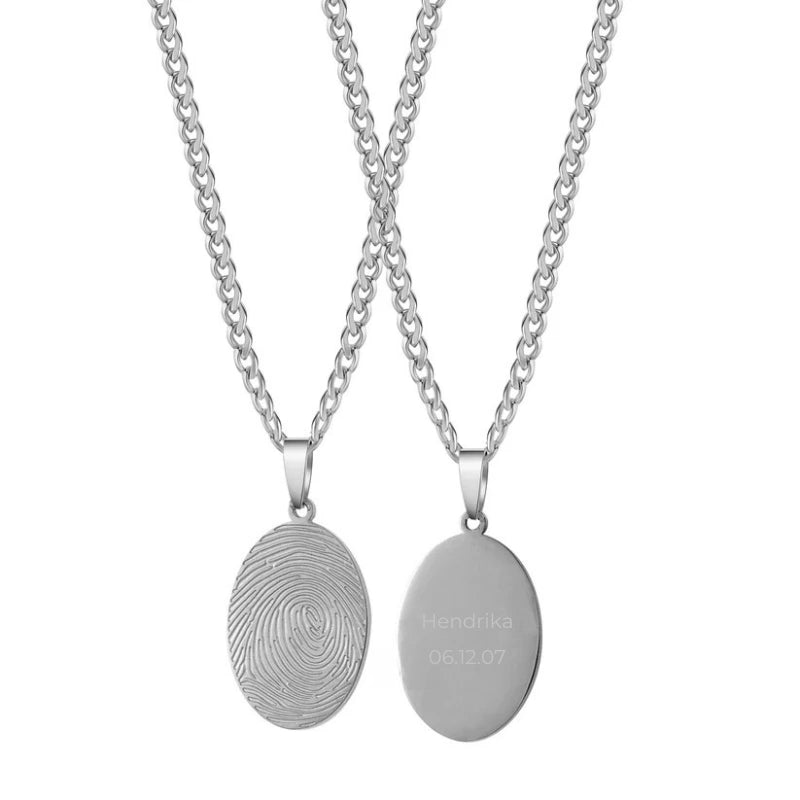 Gepersonaliseerde Gegraveerde Naam Ovale Hanger Ketting Met Vingerafdruk - Cadeaus Voor Haar