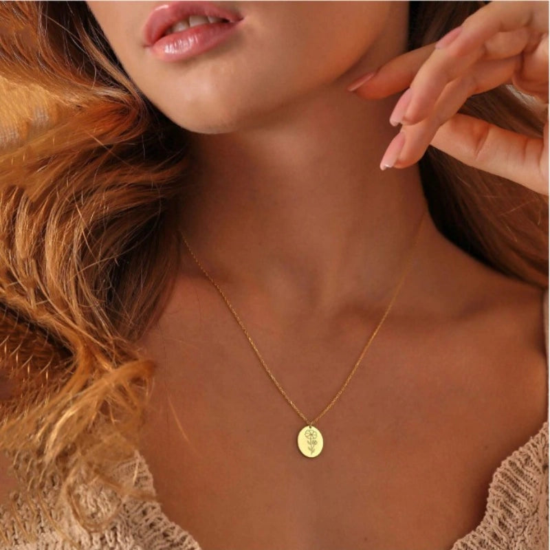 Gepersonaliseerde Ovale Schijf Geboortebloem Ketting - Cadeaus Voor Haar