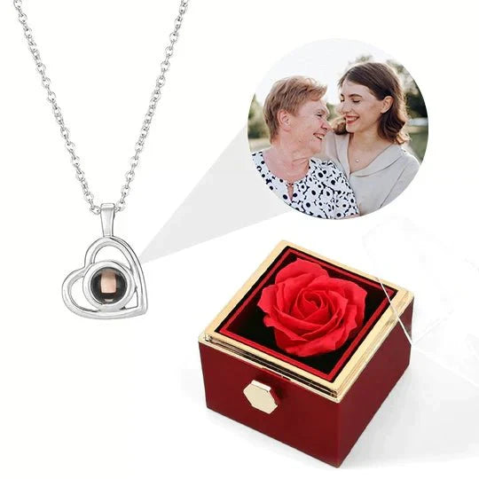 Eeuwige Rozenbox - Met Hart Fotoprojectie Ketting en Echte Roos - CustomLove.nl