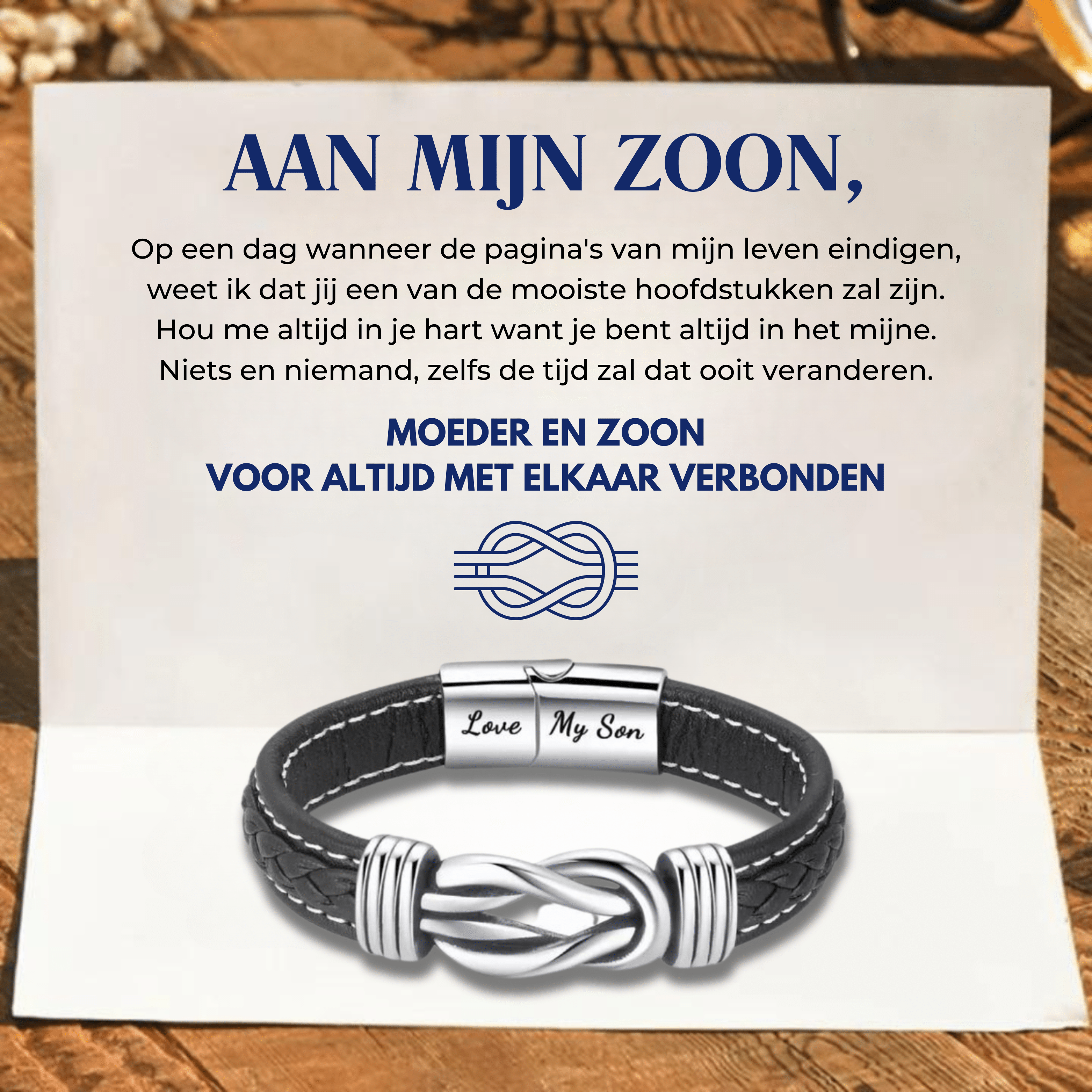 “Moeder en Zoon Voor Altijd met Elkaar Verbonden’’ Gevlochten Leren Armband - CustomLove.nl