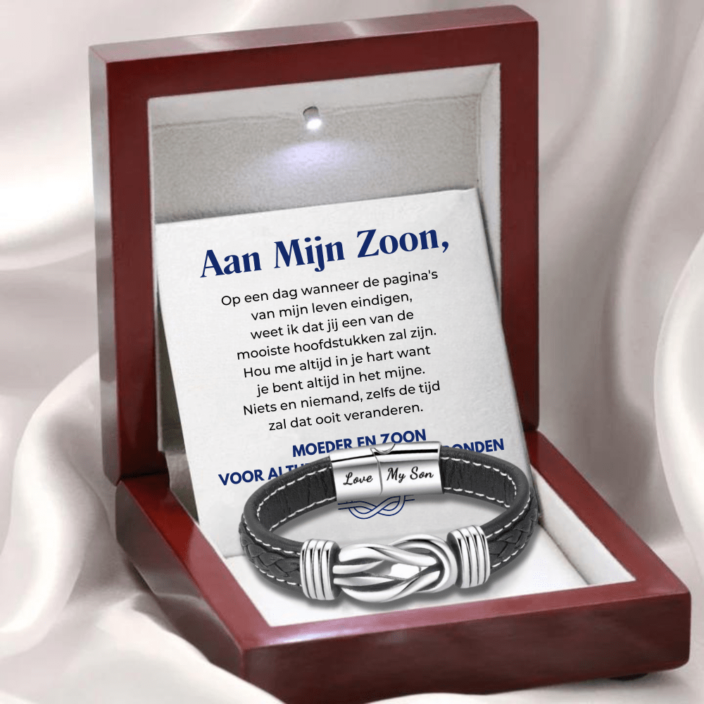 “Moeder en Zoon Voor Altijd met Elkaar Verbonden’’ Gevlochten Leren Armband - CustomLove.nl