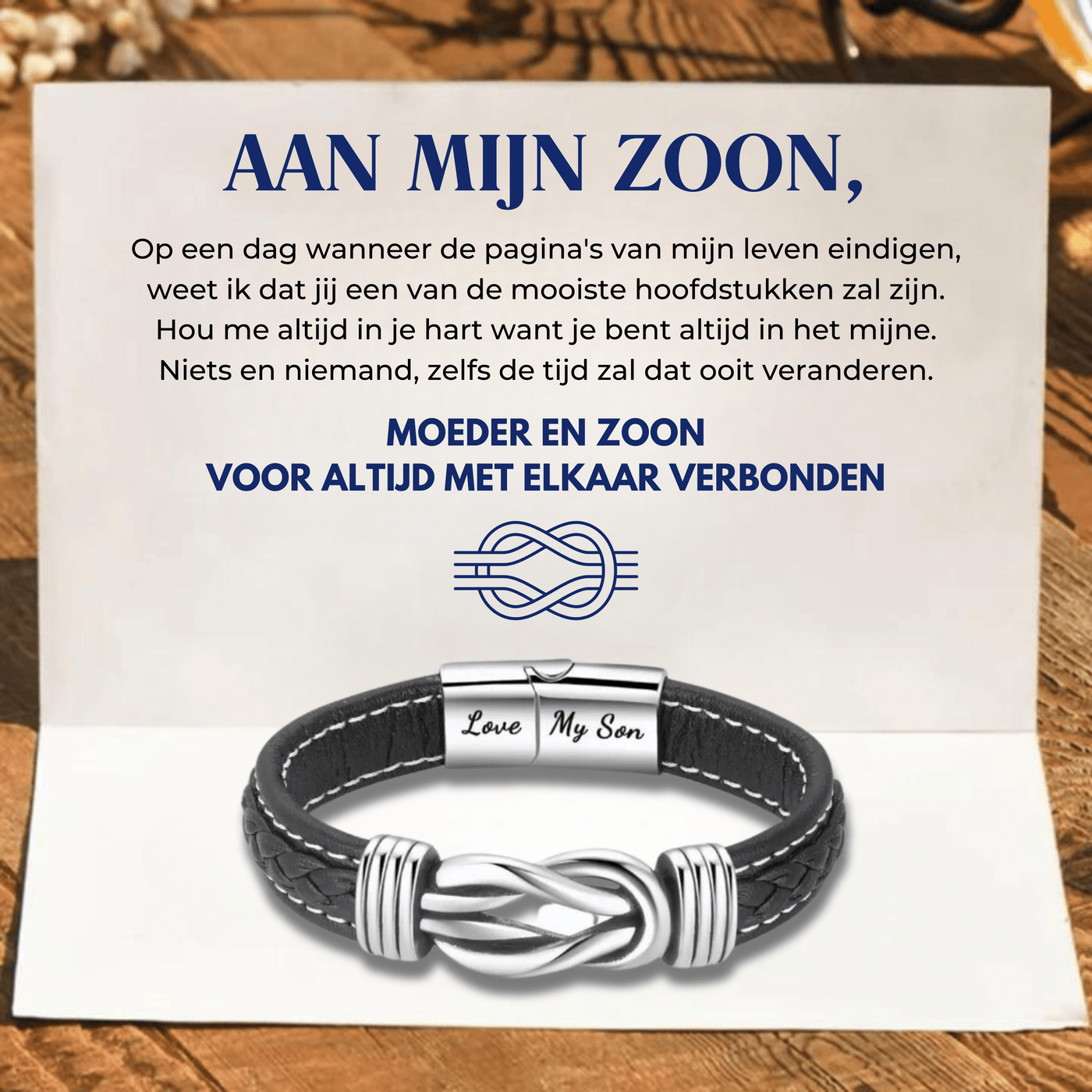 “Moeder en Zoon Voor Altijd met Elkaar Verbonden’’ Gevlochten Leren Armband - CustomLove.nl