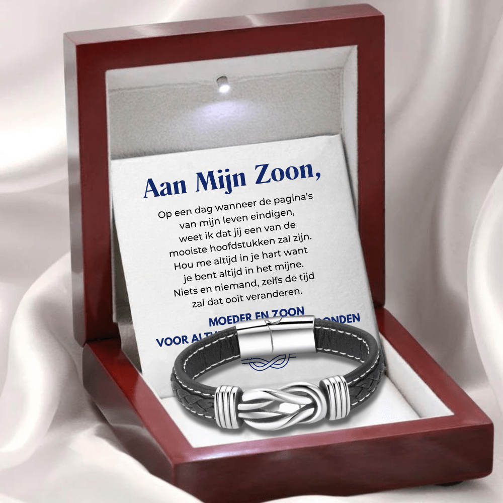 “Moeder en Zoon Voor Altijd met Elkaar Verbonden’’ Gevlochten Leren Armband