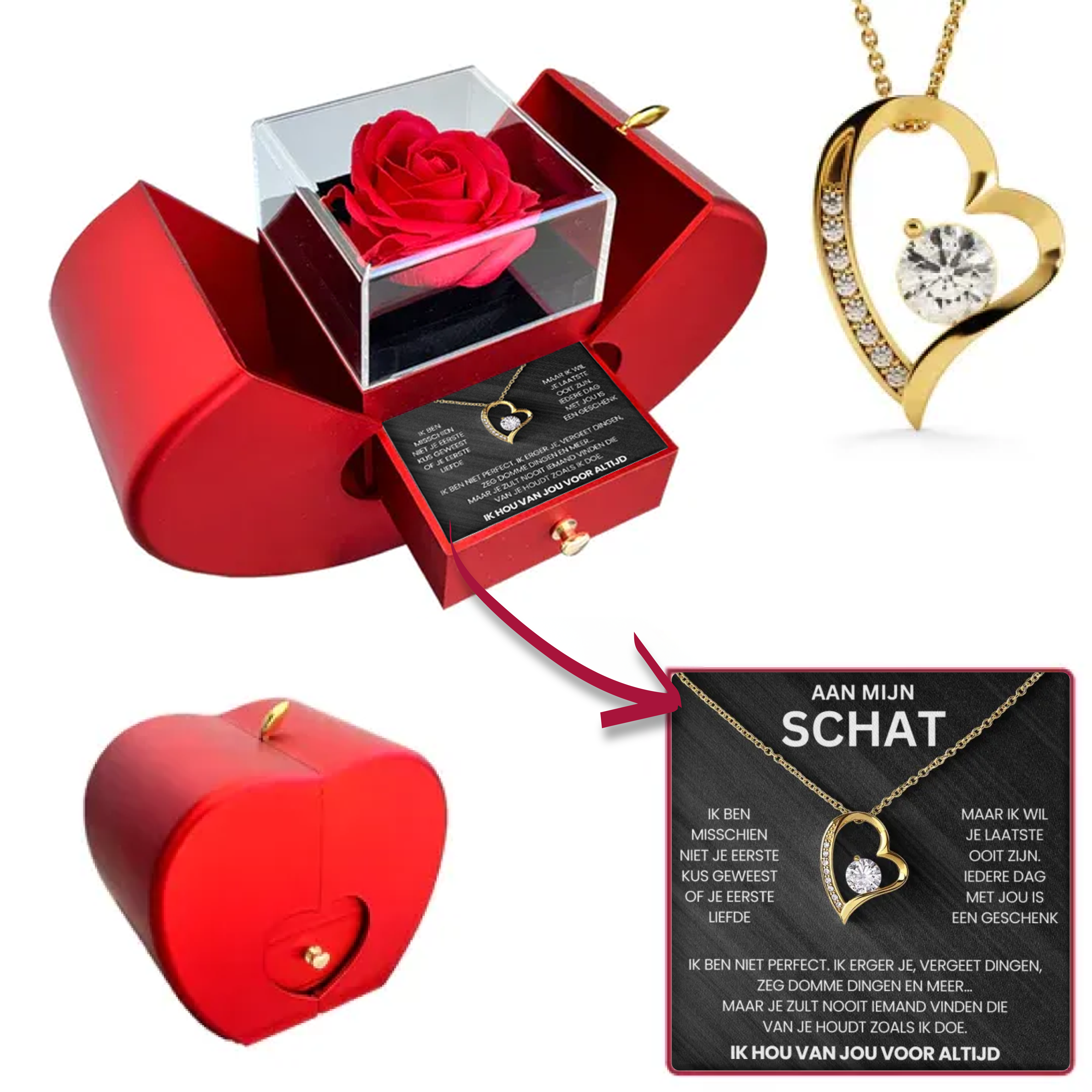 Aan Mijn Schat - Eeuwige Rozenbox - Met Hart Ketting & Echte Roos - CustomLove.nl