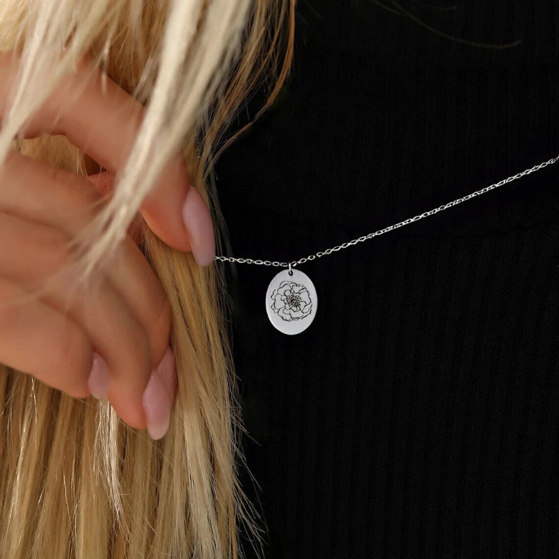 Gepersonaliseerde Ovale Schijf Geboortebloem Ketting - Cadeaus Voor Haar